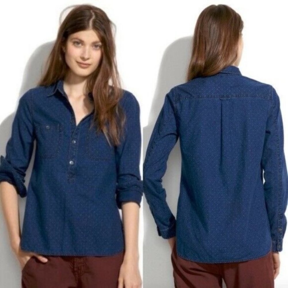 Madewell Chambray Pindot Popover Long Sleeve Shirt‎ Button Placket Size XS Top